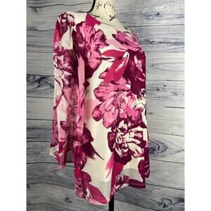 JM Collection Floral Bell Sleeve Mesh Blouse Womens S Scoop Neck Pink Relax Fit